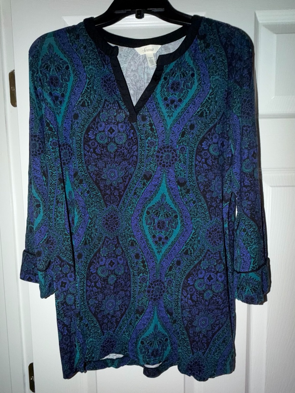 Soma Pajama Lounge Set Large Teal Blue Paisley Tunic Pants - Picture 2 of 10